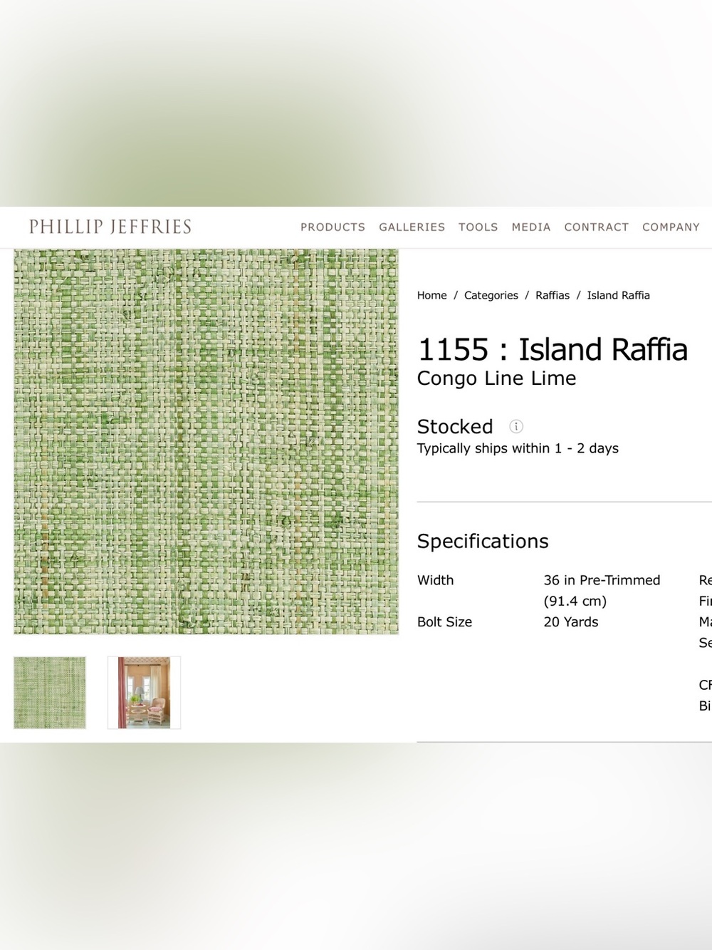 PHILLIP JEFFRIES Natural Grasscloth Wallpaper 1155 Island Raffia Congo Line Lime